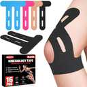 16 Pcs Kinesiology Tape for Knees, Pre Cut Knee Support & Stability, Elastic, Breathable, Latex-Free Pain Relief Athletic Tape for Knee - Black