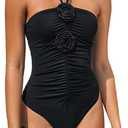 SherryDC Women's Ruched One Piece Swimsuit Tummy Control Halter Bandeau 3D Flower Bathing Suit L