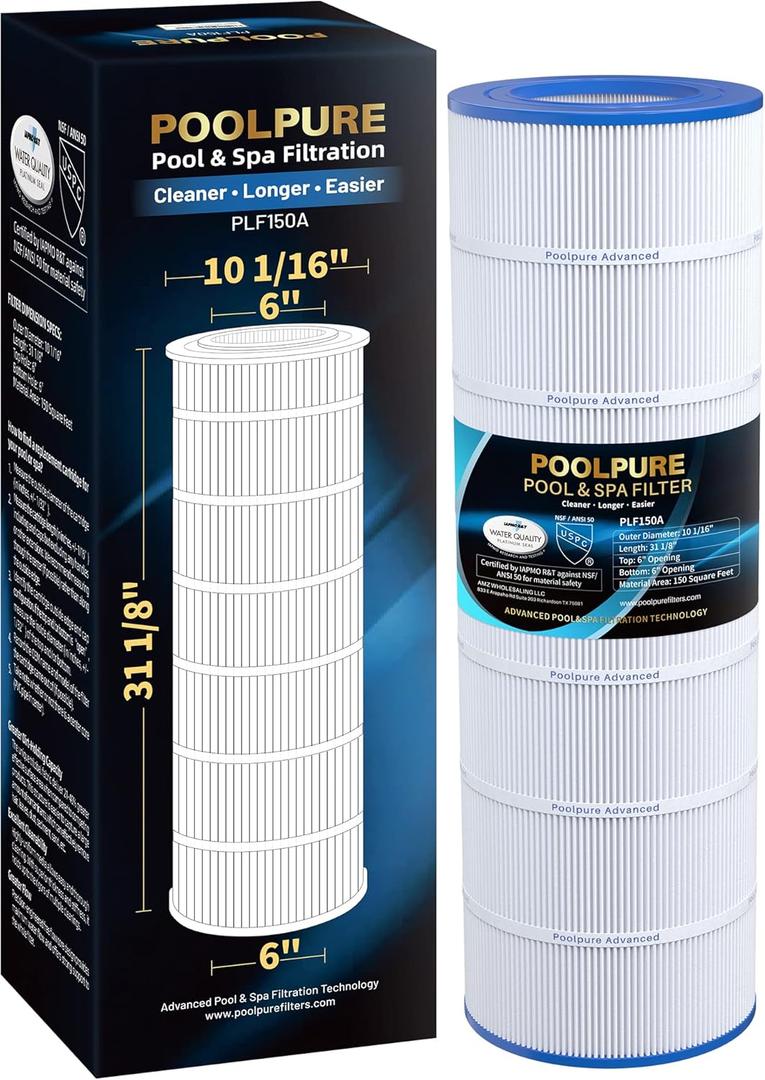 POOLPURE CC150 Pool Filter Replaces Pentair CC150, CCRP150, PAP150, Ultral-C4, PP-C4, PP-C4-M, Unicel C-9415, R173216, 59054300, Filbur FC-0687, 160317, 160355, 160352, L x OD: 31 1/8" x10 1/16"