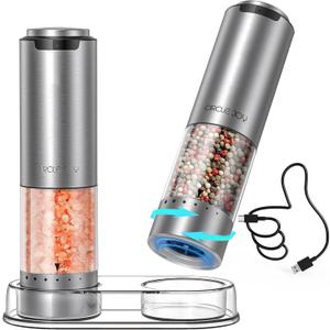 CIRCLE JOY Rechargeable Electric Salt and Pepper Grinder Set with Base, Stainless Steel Pepper Mills with 95ml Container, White LED Light and External Adjustable Coarseness, Silver