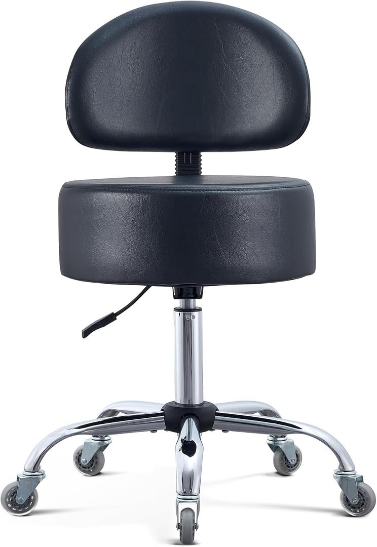 Ergonomic Drafting Stool with Backrest, 400LB Heavy Duty Hydraulic Stool, 19-25 Inch Adjustable Height Rolling Stool Chair with Lumbar Support for Standing Desk, Salon, Tattoo, Kitchen, Home Office, Round