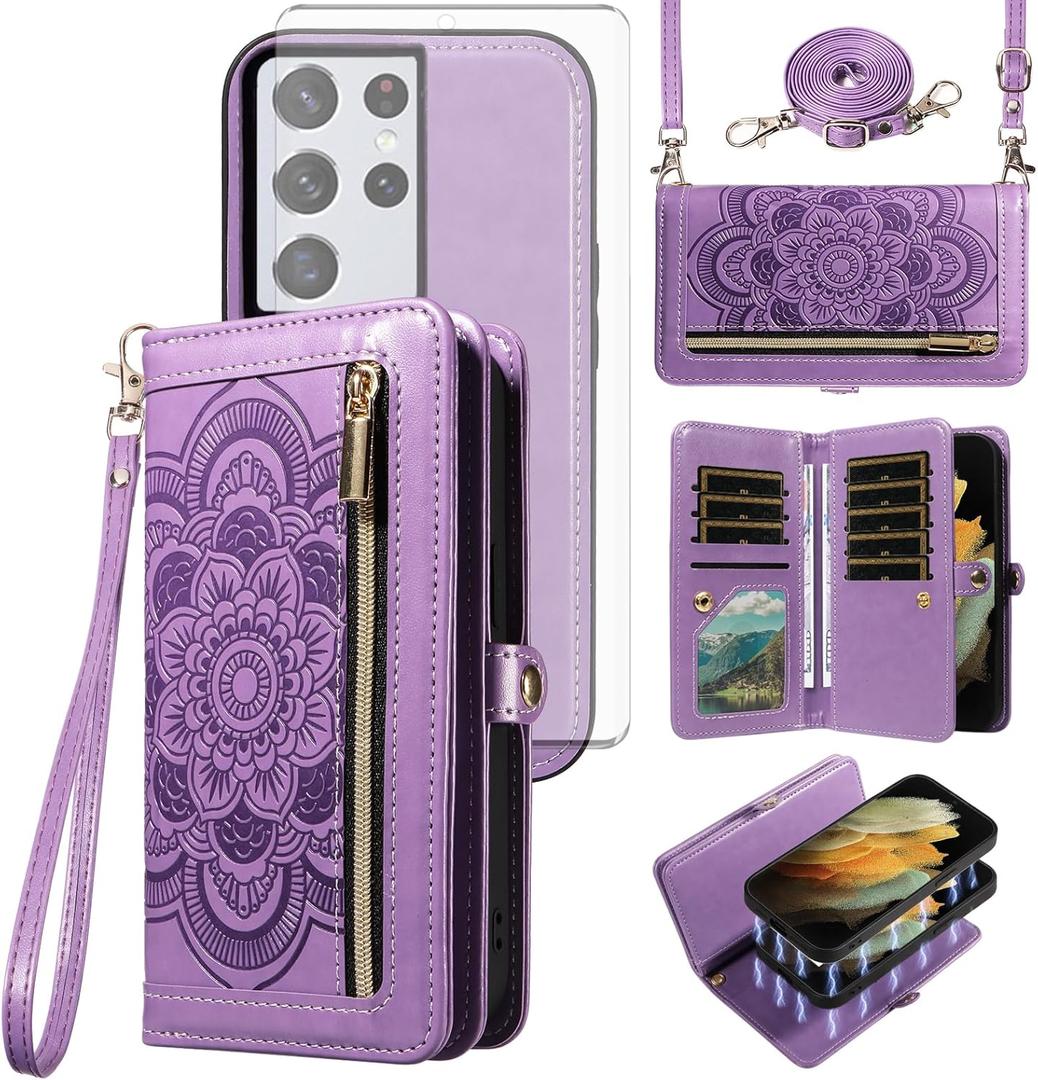 Asuwish Phone Case for Samsung Galaxy S21 Ultra 5G Zipper Wallet Detachable Cell Cover with Tempered Glass Screen Protector Crossbody Strap Flower Card Holder S21ultra 21S S 21 21ultra G5 Women Purple
