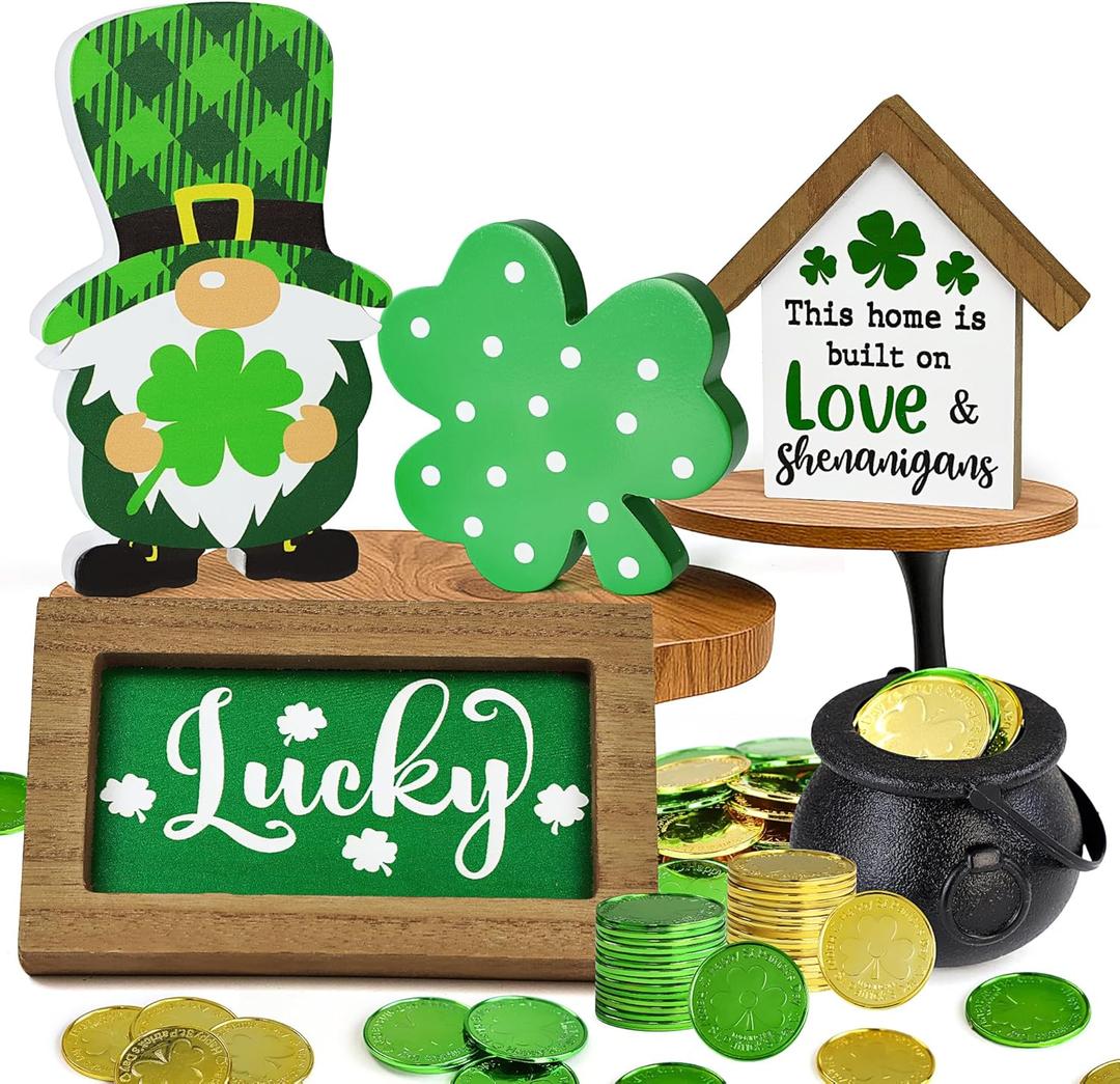 7 Pack St Patricks Day Decorations Tiered Tray Decor, St Patricks Day Table Decoration with Lucky Shamrock Gnome Block Wooden Sign Saint Patricks Decorations Centerpiece for Table Mantel Shelf Irish Day Decor