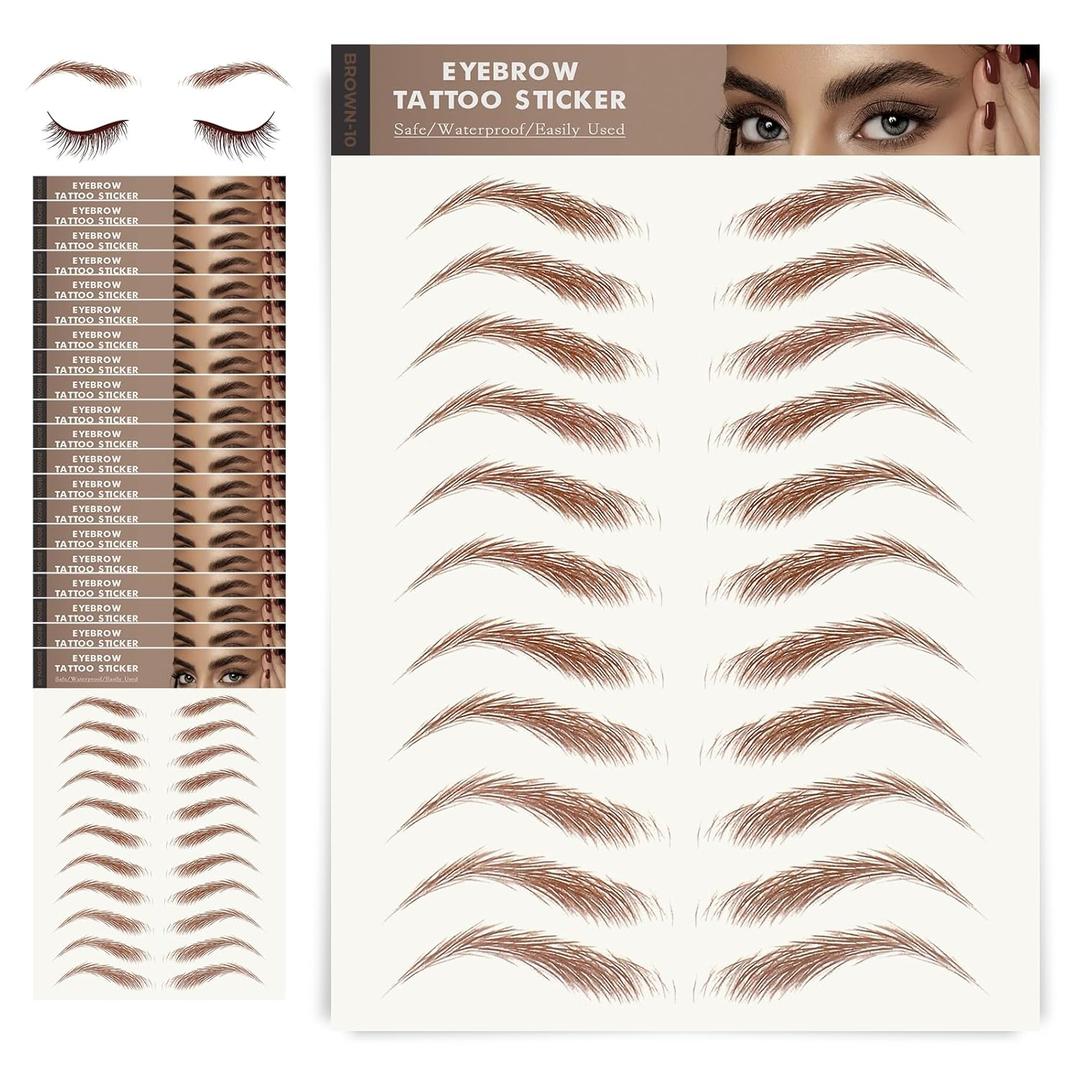 20 Sheets Eyebrow Tattoo Waterproof Eyebrow Sticker, 4D Hair Like Natural Fake Tattoo Eyebrows Peel Off Instant Transfers Brows Shaper Eyebrow Makeup Sticker for Women Girls, Arched Brown