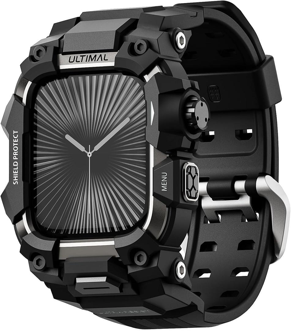 ULTIMAL Rugged Case with Band for Apple Watch 46mm,Compatible with Apple Watch Series 11/10, Military Grade Shockproof Bumper Cover for iWatch Tactical Band Men (Black, 46mm)