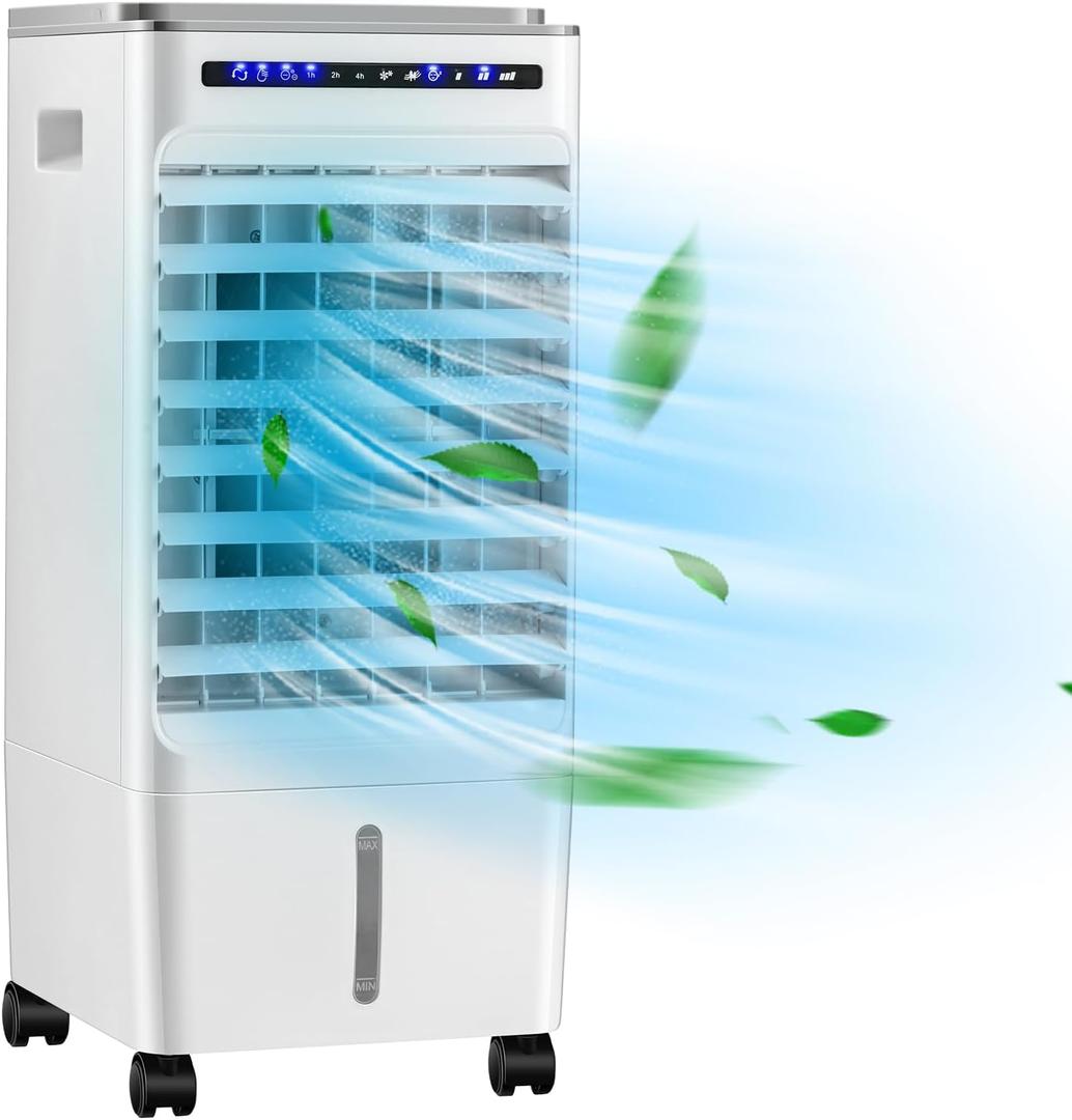 Portable Evaporative Air Cooler for Room, Include Remote Control, 4 Ice Packs, Portable Bladeless Fan with 3 Modes, 3 Speeds, 7H Timer, 6L Water Tank, Air Cooler for Indoor Use, Bedroom, White