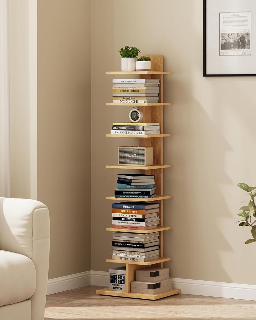 TUTOTAK Narrow Bookshelf, 8-Tier Bookcase, Spine Book Shelf for Small Space, Corner Standing Shelf for Living Room, Office, Study, Entryway, Natural BS06BN008