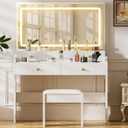COMHOMA Makeup Vanity Desk with Mirror and Lights, Vanity Table and Chair Set with 5 Drawers & Charging Station, Bedroom Dressing Table, Stepless Dimmable & 3 Color Modes Adjustable, Snow White, Large