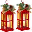 Baquler 2 Pcs Decorative Lantern Hanging with LED Candle Metal Vintage Christmas Candle Holder Xmas Ornament for Indoor Outdoor Porch Decor Holiday Party Tables Centerpieces (Red)