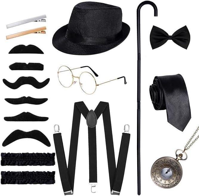Ishua 1920s Men Costume Accessories, 17 pcs Old Men Gangster Costume Set, Roaring Retro Mens Gatsby Accessories 1920s (Black)