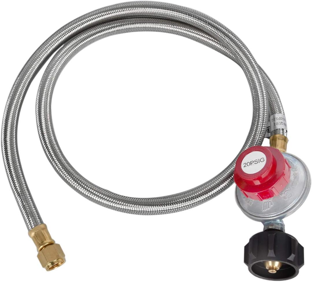 GasSaf 5 Feet Stainless Steel Braided 20 PSI Adjustable Propane Regulator Hose with QCC-1/Type,Gas Grill LP Regulator for Burner, Turkey Fryer, Forge, Smoker and More