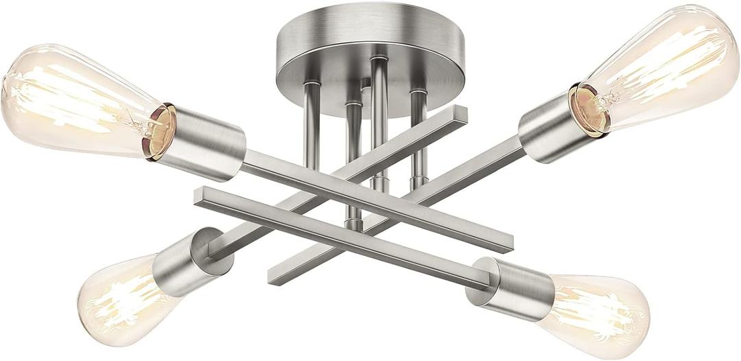 Brushed Nickle Semi Flush Mount Ceiling Lights, 4-Light Modern Industrial Sputnik Chandelier Light Fixture, Silver Flush Mount Light for Kitchen Bedroom Living Room Dining Room Closet, E26 Bulb Socket