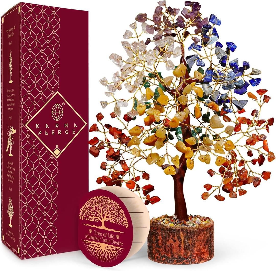 Manifestation Seven Chakra Tree of Life with Card, Unique Birthday Gifts for Women and Mom, Handmade Healing Crystal Tree for Good Luck, Positivity, Money, Reiki Healing, Home and Office Decor