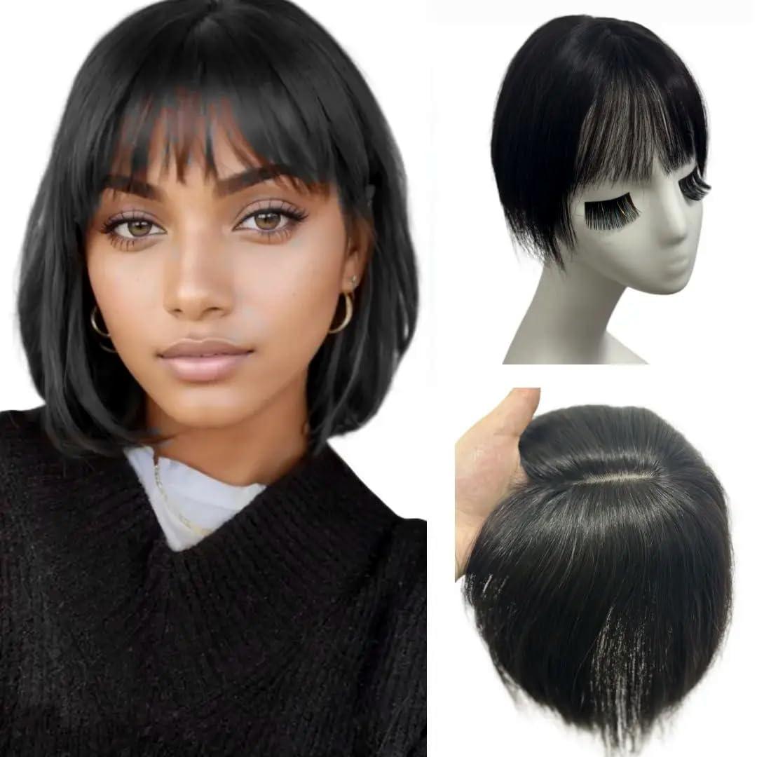 Invisible Human Hair Toppers For Women Clip In Toppers With 3D Air Bangs Fringe Straight 10x11cm Middle Part PU Scalp Wiglets Hairpieces Increase Hair Volume (20cm, Black)
