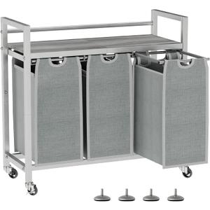 Laundry Hamper, Laundry Basket, Laundry Sorter with 3 Removable Bags, Clothes Basket with 3 Compartments, Wheels, Shelf for Laundry Room Bathroom Bedroom (3 Bags-Gray)