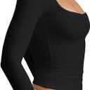 YFANG Women's Sexy Square Neck Long Sleeve Ribbed Kint T Shirts Casual Solid Slim Fitted Going Out Tops Black Medium (Black, M)