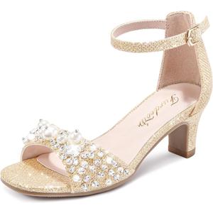 Furdeour Heels for Girls Dress Shoes Pearl Sandals Flower Girl Shoes Teen | Pearl Rhinestone, 2.12 IN Kitten High Heels, Princess, Big Kids, Wedding Dance Birthday Party Pageant Graduation School Prom, Size 1
