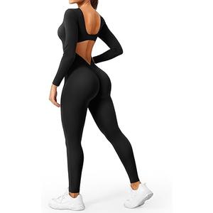 YEOREO CoreFlex Long Sleeve Jumpsuits for Women V Back Bodysuit Workout Full Length Bodycon Scrunch Leggings One Piece Romper, Large