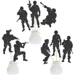 16pcs Army Soldier Centerpiece Sticks Black Glitter Military Party Centerpieces for Table Soldier Theme Centerpiece Decorations for Army Military Themed Birthday Party Baby Shower Supplies