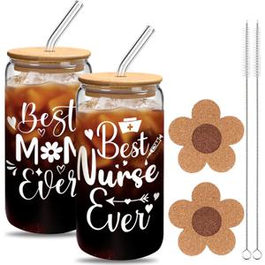 2 Packs Appreciation Gifts for Women Christmas Gift 16 Oz Glass Cups Women Teacher Personalized Glass Tumbler from Students Thank You Presents(Nurse)