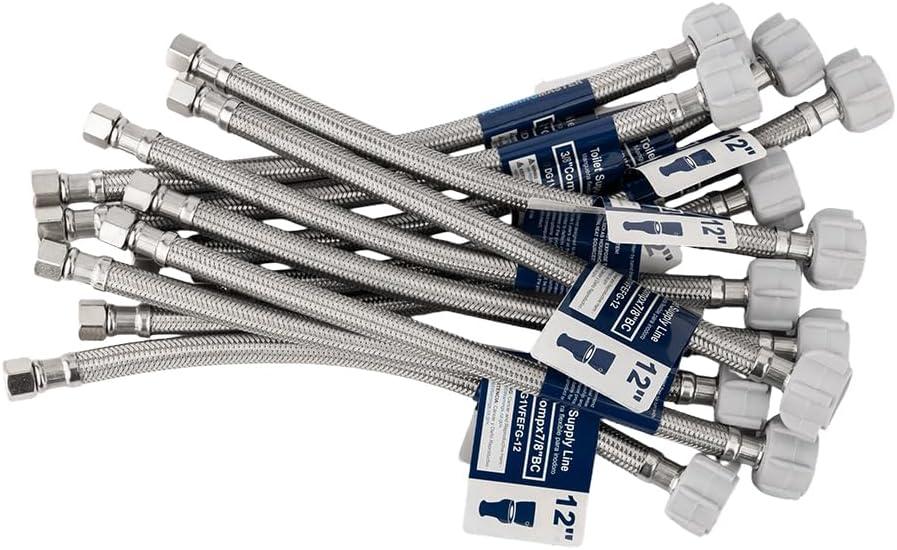 (12 Pcs 12 Inch) PLUMBINGMASTER Toilet Water Supply Line, 3/8" Comp x 7/8" BC Braided Stainless Steel Toilet Supply Line, Toilet Connector Hose with Anti-Leaking Brass Nut