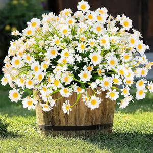 12 Bundles Artificial Daisy Flowers for Outdoors Spring Summer Decor, UV Resistant Fake Flowers Faux Plastic Greenery Shrub Plants for Outside Home Gardens Porch Planter Indoor Cemetery Décor(White)