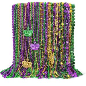 48PCS Mardi Gras Beads, Metallic Mardi Gras Beads Necklace, 10 Kinds Green Purple Gold Necklaces Bulks, Coins Mask Bead Necklace Costumes, Festival Carnivals Events Parade Throws Party Accessories