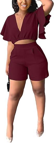 Fooullaide Womens Summer 2 Piece Outfit Set Crop Top Butterfly Sleeve Short Set Sexy Beach Vacation 2pc Sets S Wine Red