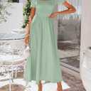 ZESICA Summer Dresses for Women 2026 Elegant Classy Square Neck Short Sleeve Flowy Cocktail Party Midi Dress Light Green L (Green, L)