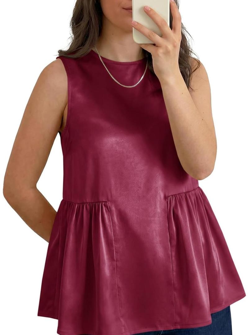 Tankaneo Womens Silk Satin Tank Tops Summer Dressy Casual Babydoll Sleeveless Shirts Peplum Pleated Loose Fit Blouses Medium