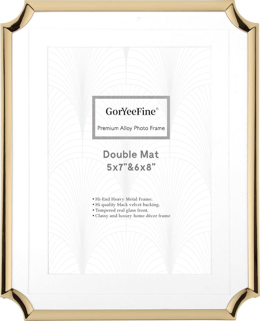 Luxury Gold 7x9'' Neoclassical Zinc Alloy Picture Frame with Acid-Free Double Mat for 5x7’' & 6x8,Hi-End Classy Heavy-Duty Metal Frame,Velvet Backing,Tabletop Display or Wall Mount
