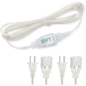 15 Ft Clear Extension Cord - 2 Pack with UL-Certified 2 Prong Indoor Cord Extension, Male to Female Adapter, 2 x 16AWG 10A/250V