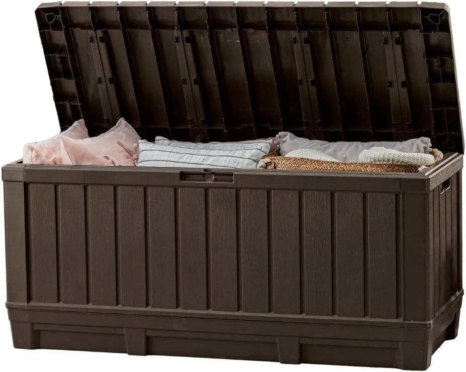 Keter Kentwood 92 Gallon Resin Deck Box-Organization and Storage for Patio Storage Box Outdoor Cushions, Throw Pillows, Garden Tools and Pool Floats, Brown
