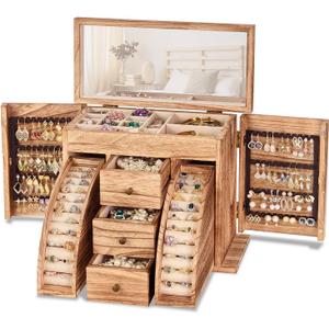 Poyilooo Jewelry Box Organizer, Solid Wood Jewelry Boxes fow Women with Mirror, Large Jewelry Organizer Box Display Earring Necklace Bracelet Ring, Rustic Style Small Jewelry Box for Girls