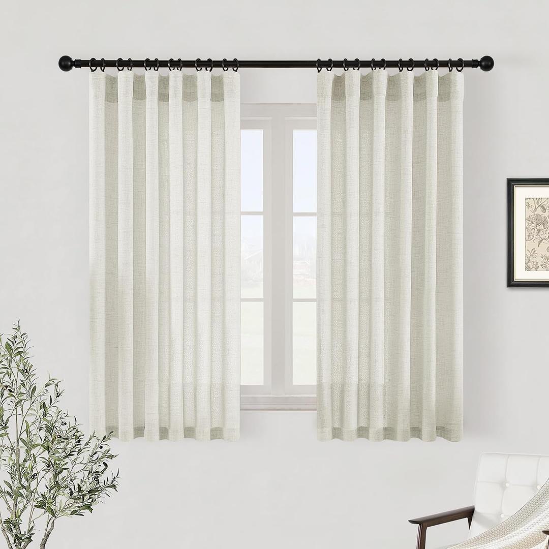 Linen Cream Curtains 45 Inch Length Short Semi Sheer Curtains Drapes for Cafe Kitchen Office Laundry Room Privacy Light Filtering Window Rod Pocket Hook Belt Ivory W50 x L45 2 Panels