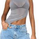Women's Sheer Mesh Mock Neck Tank Tops Sleeveless Asymmetrical Hem Crop Tops Clubwear, Size X-Small (Grey)