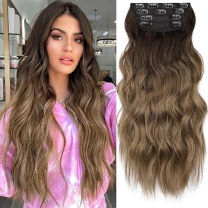 KooKaStyle Clip in Synthetic Hair Extensions Long Wavy 4PCS Thick Hairpieces Ombre Brown to Dirty Blonde Fiber Double Weft Natural Hair Extensions 20 Inch for Women