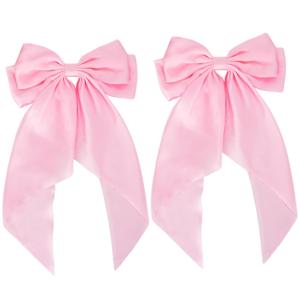Pink Satin Oversized Hair Bows with Long Tails - Metal Barrettes, Silky Ribbon Aesthetic Hair Accessories for Women and Girls
