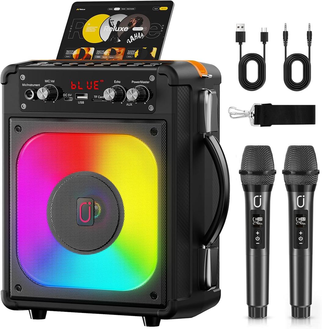 HWWR Karaoke Machine, Portable Bluetooth Speaker with 2 Wireless Microphones for Adults & Kids, Karaoke Speaker for Parties and Gatherings, PA System Supports TWS/ USB/ TF/ REC/ AUX and TV Connected