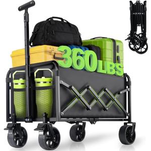 Collapsible Foldable Wagon Cart with Wheels - 360LBS Folding Utility Wagon Cart with Brakes, Lightweight Portable All-Terrain Wagons for Groceries Garden Beach Shopping Camping, 2 Cup Holders/Black