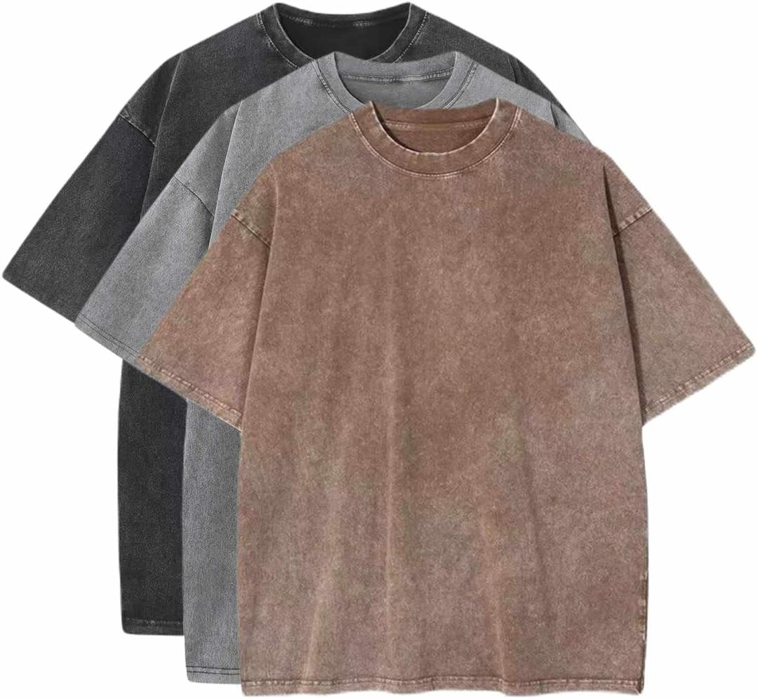 3 Pcs Men's Oversized Cotton Summer T-Shirts - Vintage Baggy Tee Loose Fit Short Sleeve T-Shirts Casual Streetwear (Large)