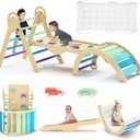 Pikler Triangle Set with Cushion, Montessori Climbing Set, Indoor Climbing Toys, Indoor Playground Jungle Gyms, 9 Combinations Climbing Toy Set for Toddler, Baby, Kids 1-4 (Nature-blue & 2car & Mat)