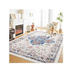 Area Rug 4x6 Washable Rug Gray Vintage Traditional Floor Cover Foldable Thin Retro Accent Indoor Distressed Non Slip Carpet Floral Print Mat Bedroom Living Room Bathroom