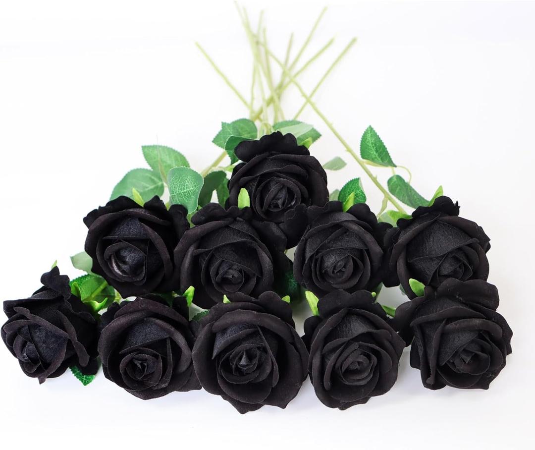 10PCS Artificial Roses Flowers Realistic Roses Bouquet Long Stem Fake Silk Roses for DIY Wedding Bouquet Table Centerpiece Home Decor (Black)