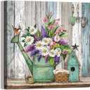 LAIART Farmhouse Decor Canvas Wall Art Lavender White Flowers Picture Vintage Wood Grain Modern Home Artwork, 20"L x 20"W