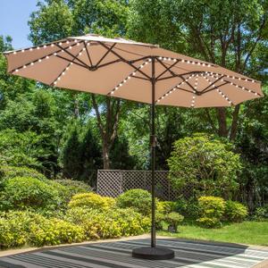 PHI VILLA 13ft Large Patio Umbrella with Solar Lights, Double-Sided Outdoor Market Rectangle Umbrella with 120 PCS LED Lights, Beige (No Base)