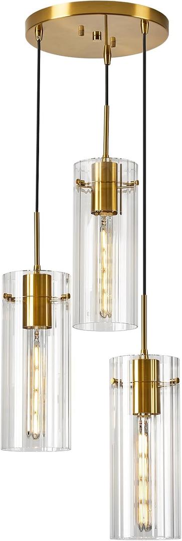 Brushed Gold Pendant Light Fixtures, 3-Light Modern Cluster Pendant Lights with Clear Striped Glass Shade, Farmhouse Brass Chandelier for Kitchen Island Dining Room Foyer