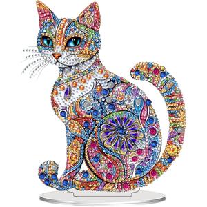 Bimkole Tabletop Diamond Art Kits for Adults Cat, DIY 5D Special Shaped Rhinestone Desk Placement Ornament, Home Office Decor Stand Up Gem Diamond Painting Craft Kit Animals 7.87x7.87inch