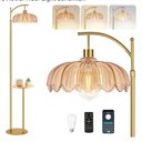 Gold Floor Lamp with Table and Shelves for Living Room Bedroom,Glass Standing Lamp with Remote Dimmable,Boho Brass Tall Lamp Vintage Farmhouse Arc Flower Floor Light Bohemian