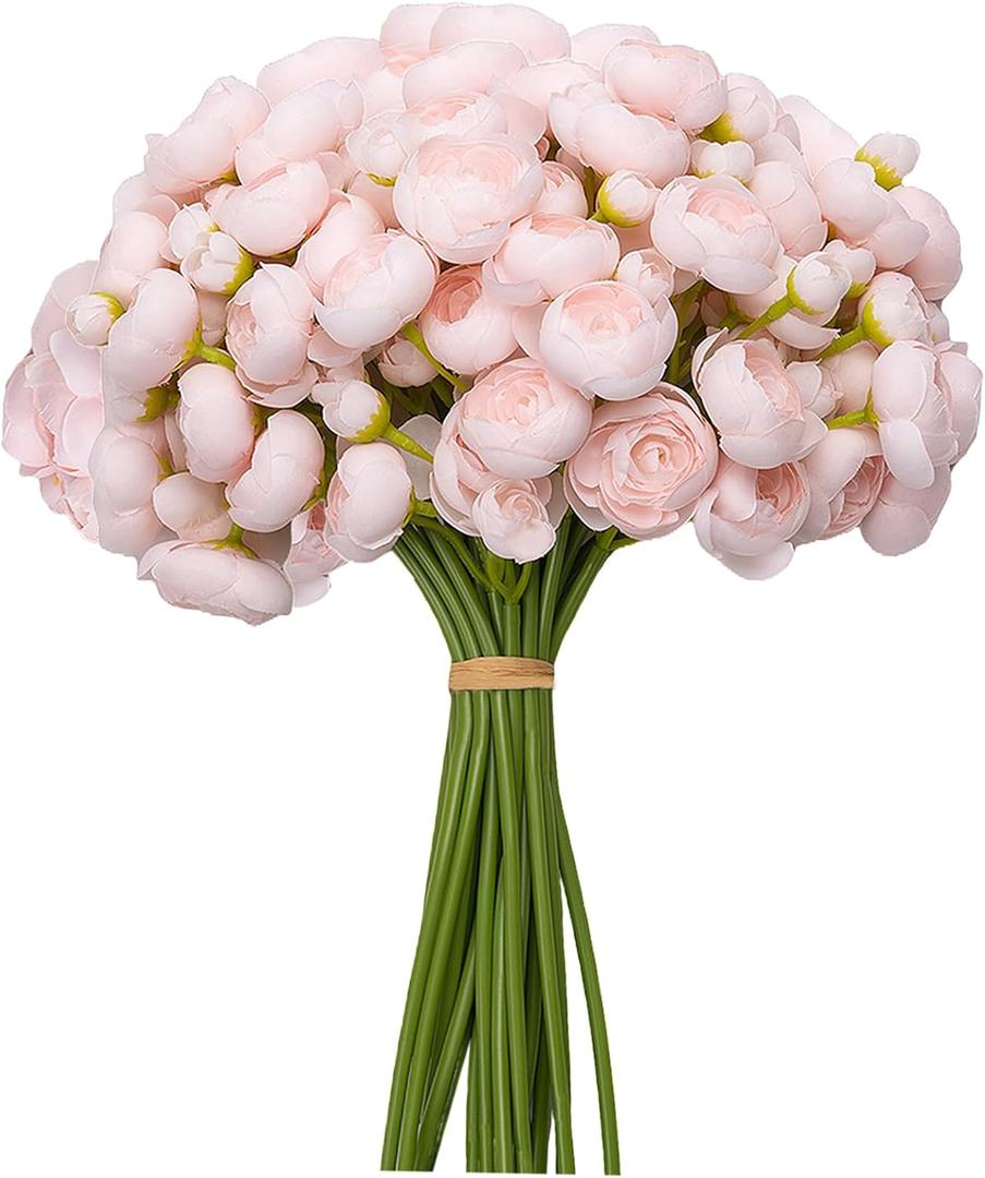 32Pcs Ranunculus Artificial Flower, Faux Silk Mini Ranunculus Flowers for DIY Bouquet, Bulk Fake Peony Wedding Filler Flowers for Centerpieces Arrangements Bridal Shower Decorations Light Pink